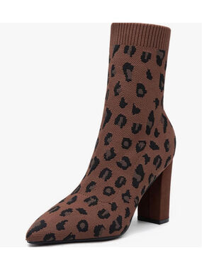 NEW NEWBELLA Leopard Pointed Toe Chunky Heeled Ankle Boots Stretch Knit Sock 8.5